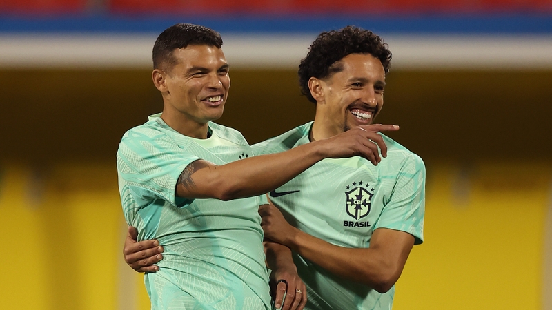 Thiago Silva and Marquinhos enjoy training before their World Cup opener against Serbia