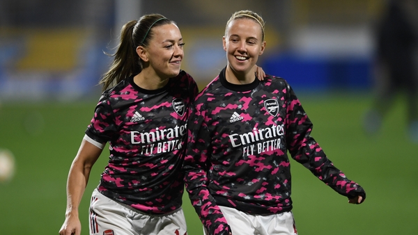 Arsenal team-mates Katie McCabe (L) and Beth Mead