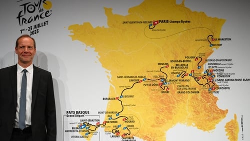 Tour de France General Director Christian Prudhomme poses with the map displayed at the launch of the race late last month