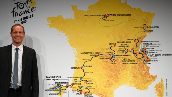 Tour de France General Director Christian Prudhomme poses with the map displayed at the launch of the race late last month