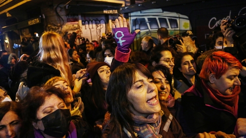 Riot police were out in force and the marchers were impeded by a series of barriers blocking the streets