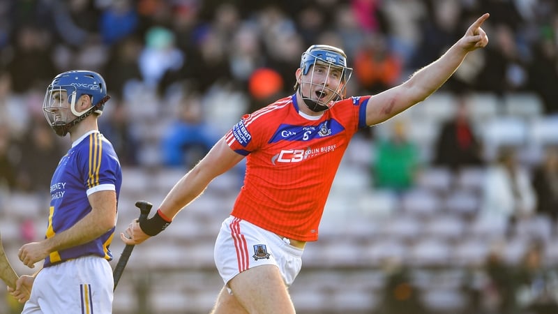 Mark Caulfield of St Thomas' after scoring a goal against Loughrea in 2022 Galway hurling final replay