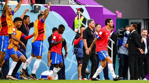 The Costa Rica bench reacts to the final whistle at the Al Bayt Stadium