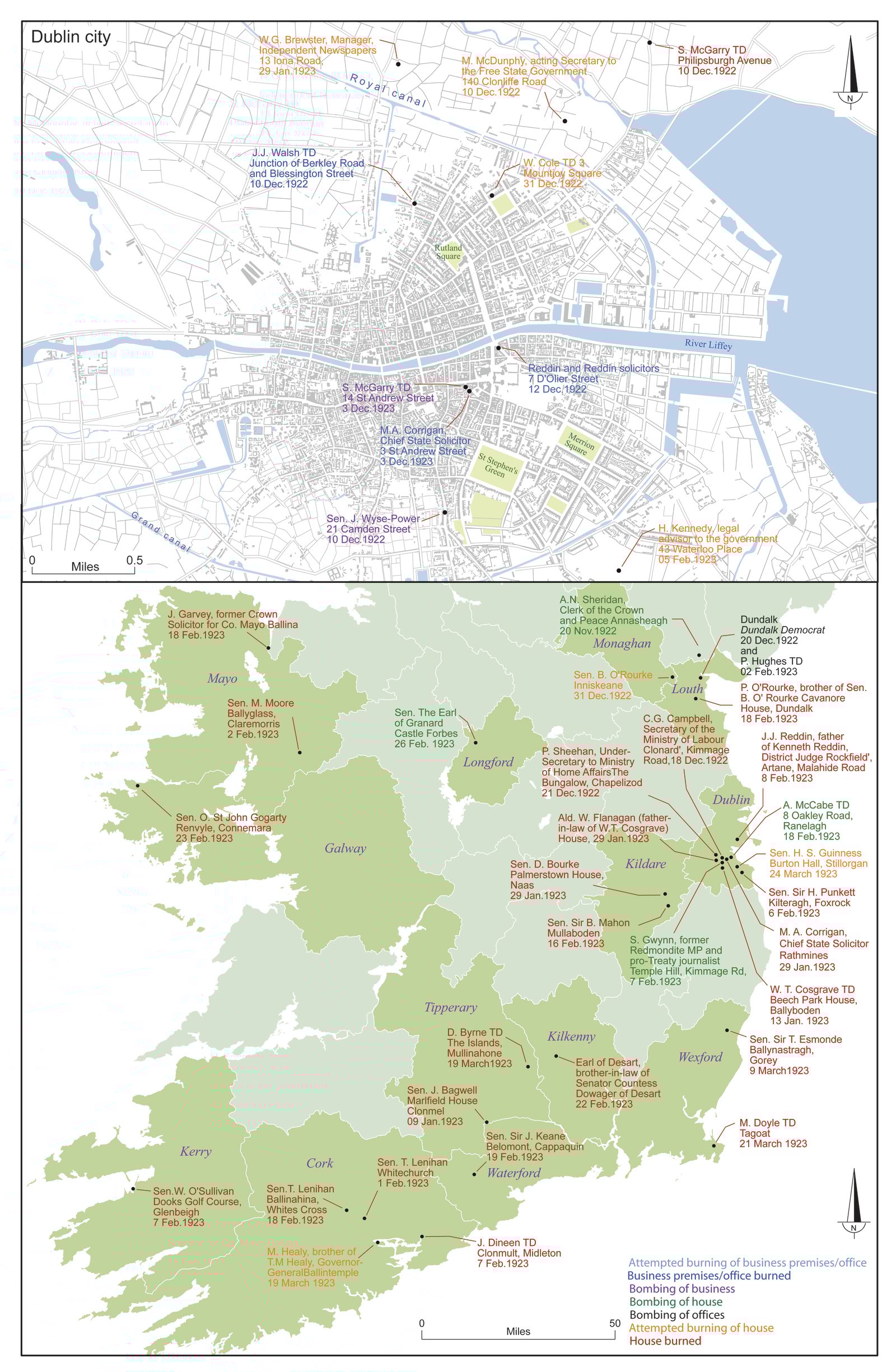 Map showing the main incidences of anti-Treaty IRA attacks (mainly incendiary) on properties of individuals associated with the Free State, December 1922-March 1923. Click to zoom in. Image taken from the Atlas of the Irish Revolution.