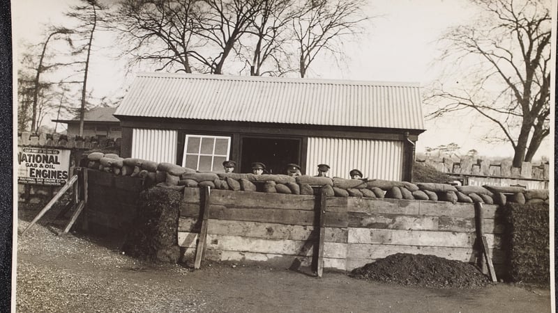 National Army troops guarding Portarlington Station during the Civil War. The original caption read: They have Erected a Strong Post in Case of Attack: a Familiar Sight at Most Stations in the South. Image courtesy of the National Library of Ireland