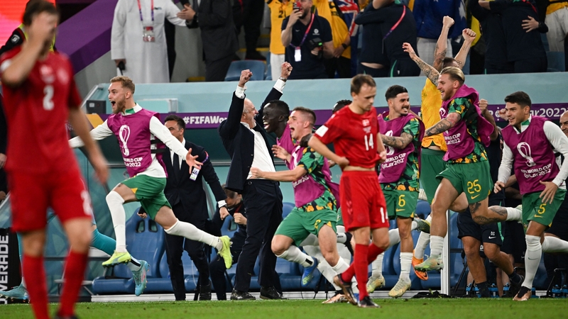 Graham Arnold and his Australia squad celebrate a famous victory