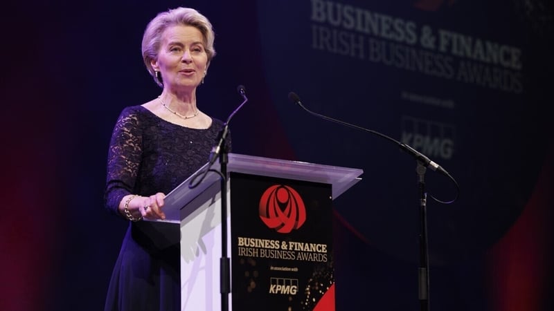 European Commission President Ursula von der Leyen speaks to the crowd