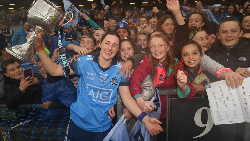 Lyndsey Davey celebrates with the Brendan Martin Cup after Dublin's All-Ireland final win over Galway in 2019