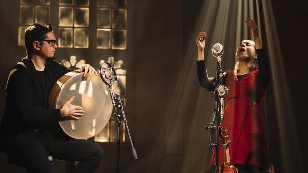 Grammy winners Rhiannon Giddens and Francesco Turrisi performing at Other Voices in 2020