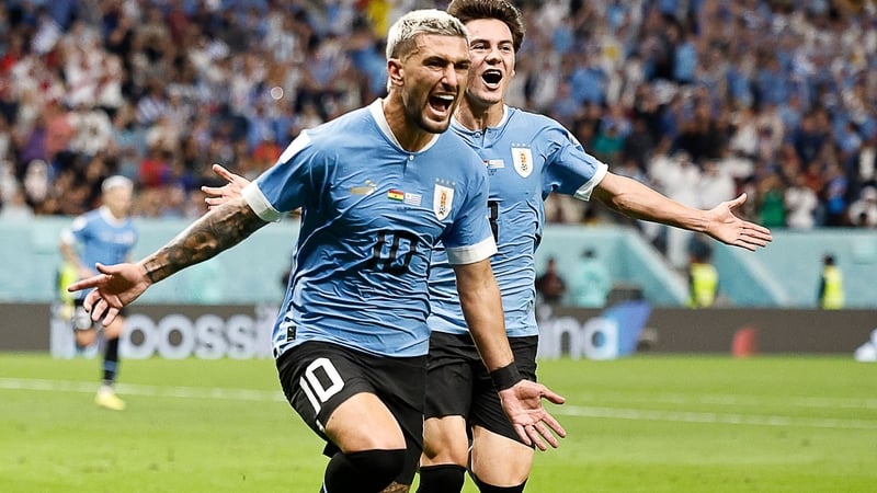 Giorgian de Arrascaeta celebrates scoring Uruguay's second goal