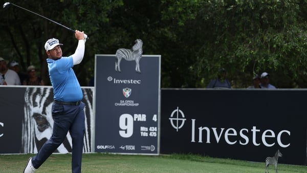 Thriston Lawrence plays his tee shot on the 9th hole