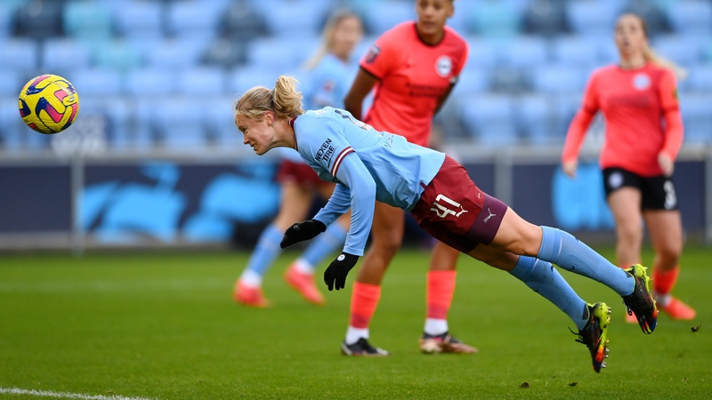 Julie Blakstad heads home for Manchester City as they beat Brighton