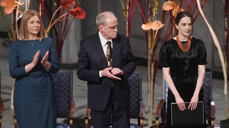 Nobel Peace Price recipients represented by Belarusian Natallia Pinchuk, wife of Laureate Ales Bialiatski, Russian Jan Rachinsky, Chairman of the International Memorial Board, Ukrainian Oleksandra Matviichuk, Head of the Center For Civil Liberties