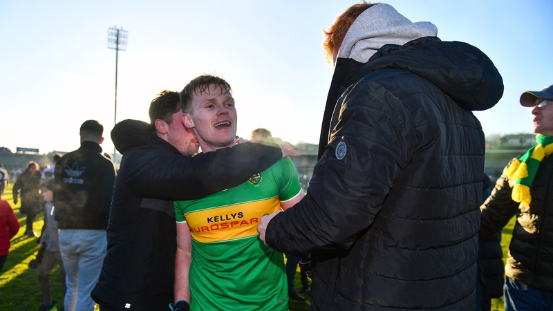Alex Doherty of Glen celebrates with supporters