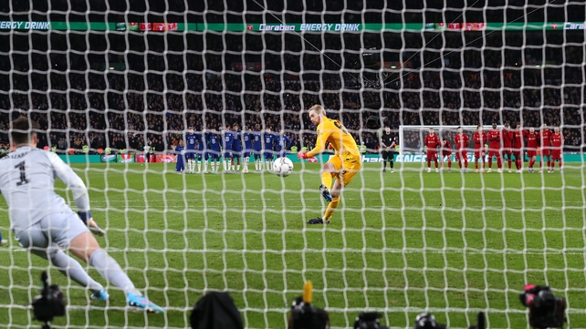 27 February: Goalkeeper Caoimhín Kelleher scores what proved the winning penalty for Liverpool in the Carabao Cup final
