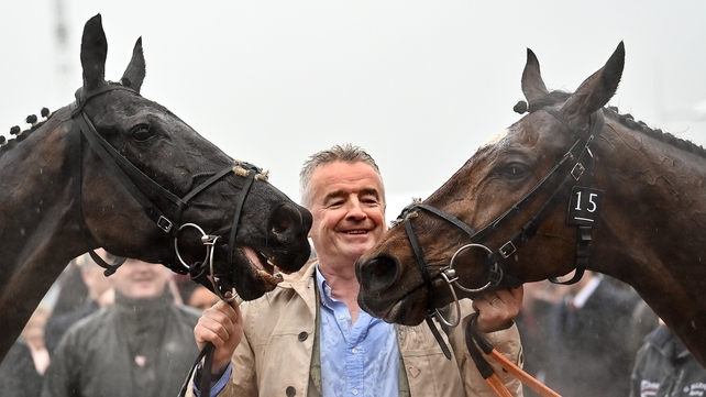 16 March: Michael O'Leary with the winner of the Glenfarclas Cross Country Chase at the Cheltenham Festival, Delta Work, left, and second place Tiger Roll