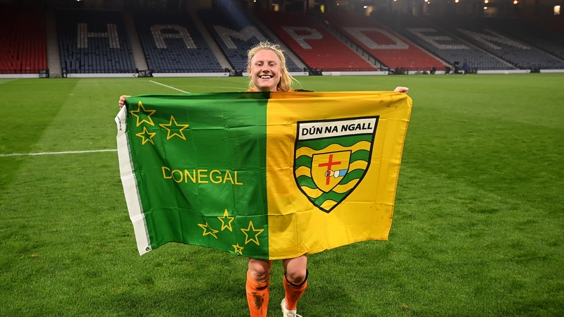 11 October: Amber Barrett celebrates with a Donegal flag after Ireland qualified for the 2023 Women's FIFA World Cup