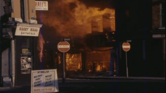 Fire on Gresham Street in Belfast following a bomb blast, 1978.
