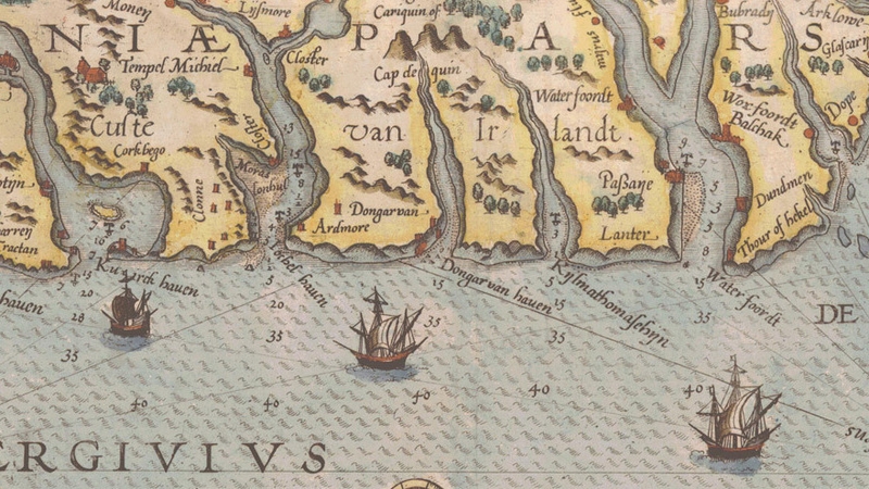 "We saw three ships come sailing in." A suitably festive detail in the 'Chart of Ireland's southern coast' from Thresoor Der Zeevaert by Lucas Waghenaer. (1584) from the L. Brown Collection