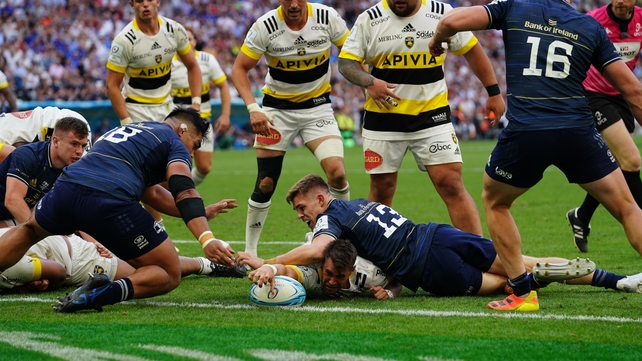 28 May: Arthur Retiére of La Rochelle scores his side's winning try against Leinster in the Champions Cup final