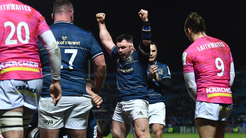 Cian Healy celebrates after Leinster's ninth and final try