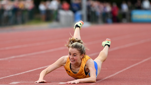 5 July: Sarah Healy of falls before the line on her way to winning the BAM Ireland women's 3000m during the BAM Cork City Sports at Munster Technological University Athletics Stadium in Cork