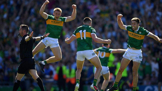 10 July: Jig of delight - Seán O'Shea (c) of Kerry and his team mates Killian Spillane, left, and Adrian Spillane celebrate after the win over Dublin in the All-Ireland semi-final