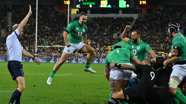 16 July: James Lowe celebrates Ireland's first try against New Zealand in the decisive third test, a match where Andy Farrell's side won and history was made