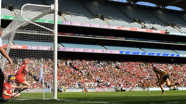 7 August: Sophie Dwyer of Kilkenny finds the net in the All-Ireland senior camogie final against Cork