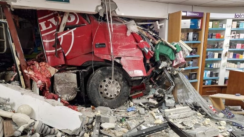 The truck crashed into the pharmacy after slipping on ice
