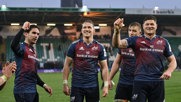 Joey Carbery, Mike Haley, Gavin Coombes and Jack O'Donoghue celebrate the win