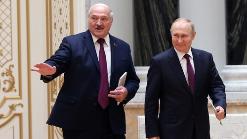Russian President Vladimir Putin and Belarussian President Alexander Lukashenko at the Palace of Independence in Minsk today