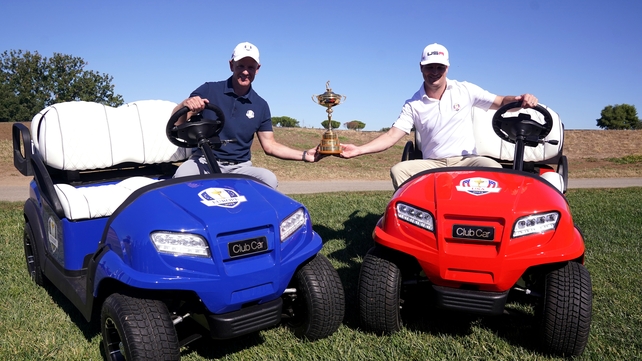 3 October: Europe Ryder Cup captain Luke Donald (left) with USA captain Zach Johnson pictured with the Ryder Cup at the Marco Simone Golf and Country Club in Rome - a year out from the event