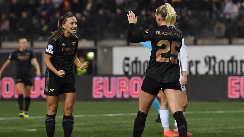 Katie McCabe celebrates with goalscorer Stina Blackstenius in Zurich