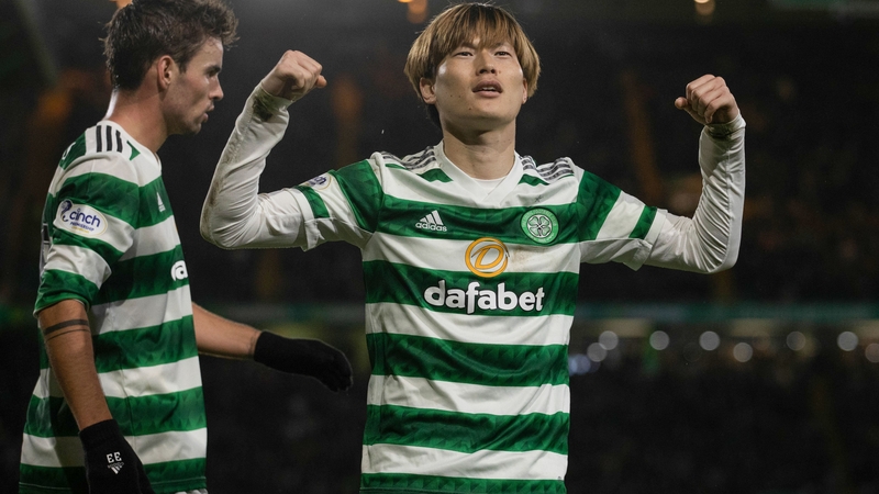 Kyogo Furuhashi celebrates after scoring in Celtic's win