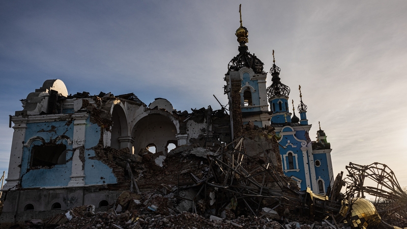 A destroyed church in the village of Bohorodychne, eastern Ukraine