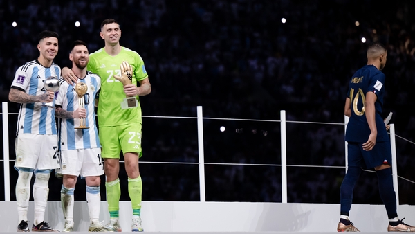 Emiliano Martinez (third from left) has derided Kylian Mbappe (R) since the final