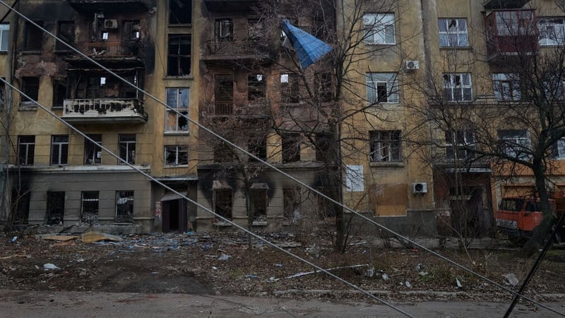 A residential building destroyed by artillery shelling in Bakhmut, Ukraine