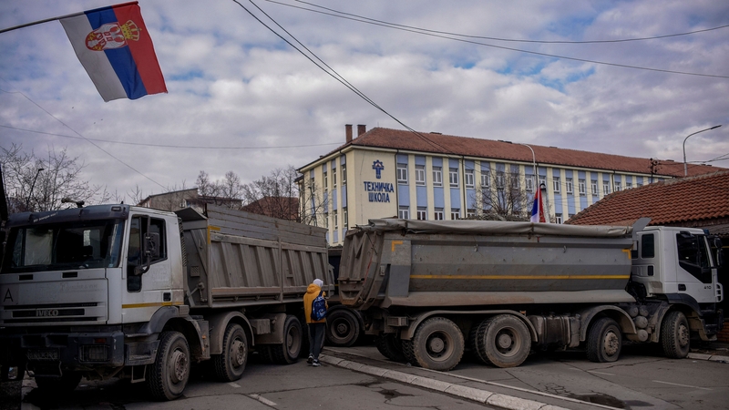 A new road barricade set up in Mitrovica, Kosovo