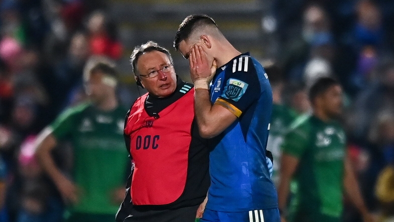 Johnny Sexton was escorted off the pitch in the 63rd minute after clashing heads with Jarrad Butler