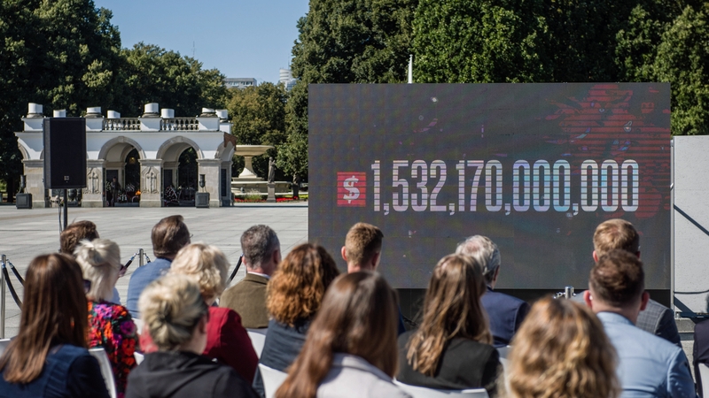 The estimated amount of war reparations owed to Poland by Germany displayed in dollars in Warsaw at an event last September (file image)