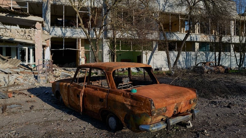 A burned vehicle outside the bombed House of Culture on January 4, 2023 in Posad-Pokrovske, Ukraine