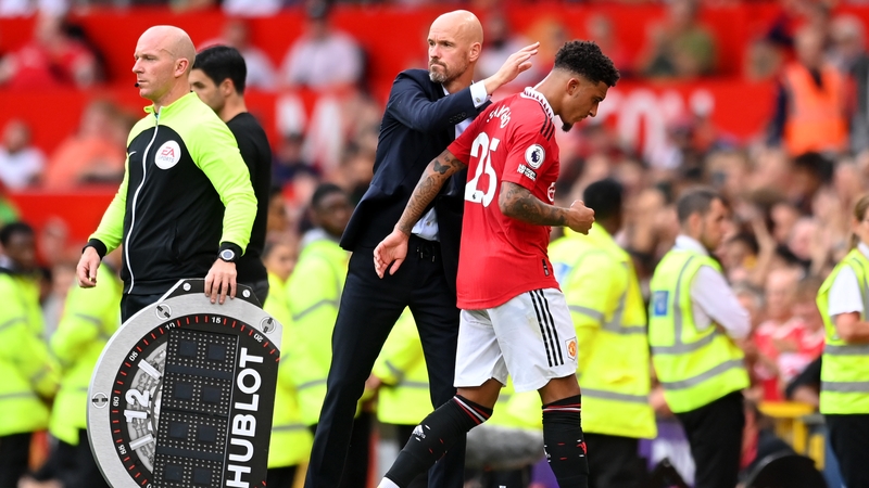 Erik ten Hag (C) believes Jadon Sancho (R) isn't ready for action yet