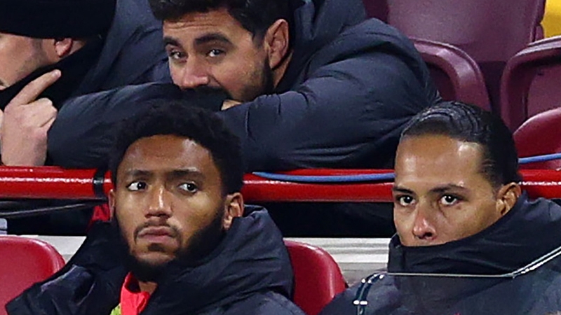 Virgil van Dijk (R) and Joe Gomez during the defeat to Brentford on Monday