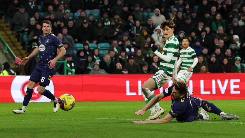 Kyogo Furuhashi looks on as Celtic go 2-0 up