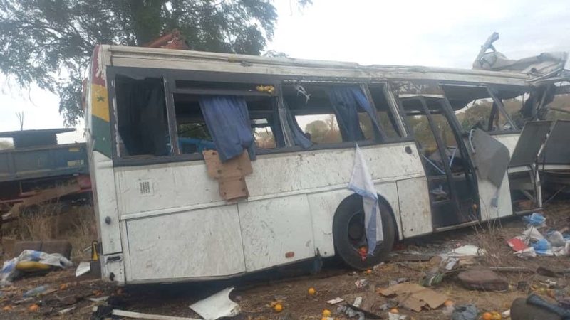 A general view of the scene of a bus accident in Kaffrine, central Senegal, on January 8, 2023 where at least 38 people have died and scores were injured when two buses collided. -