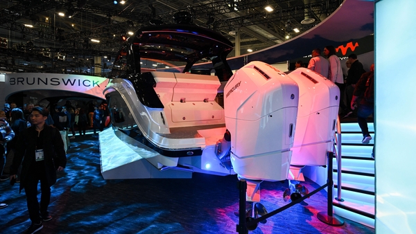 Boat engines are displayed at the Brunswick booth during the CES in Las Vegas