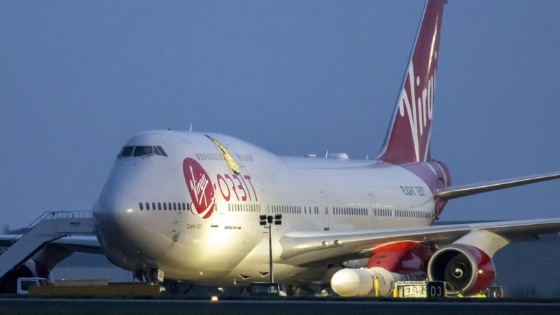 The repurposed Virgin Atlantic Boeing 747 aircraft carrying Virgin Orbit's LauncherOne rocket at Cornwall Airport earlier this evening
