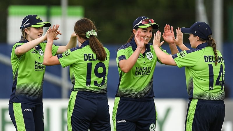 (l to r) Ireland quartet Georgina Dempsey, Rachel Delaney, Arlene Kelly and Laura Delany in action during the Women's T20 International match between Ireland and Australia in July 2022