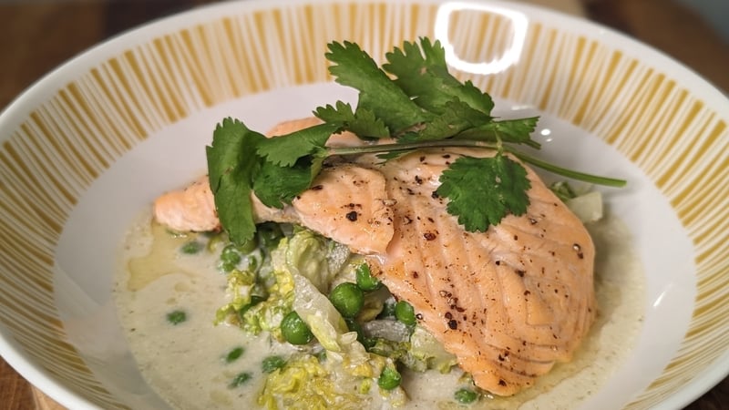 This dish is bursting with goodness, grilled fresh fish and crisp vibrant greens.